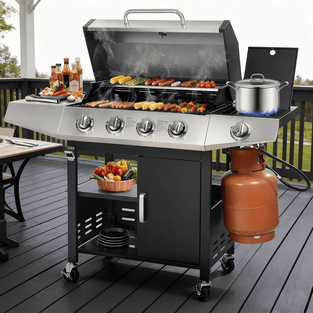 4-Burner BBQ Grill W/Side Burner, 50,000BTU Gas Propane Grill Portable with Storage Cabinet, Heavy-Duty Stainless Steel Outdoor Cooking, with Tank Hook, Towel Rack, Steel Brush Gas Grills