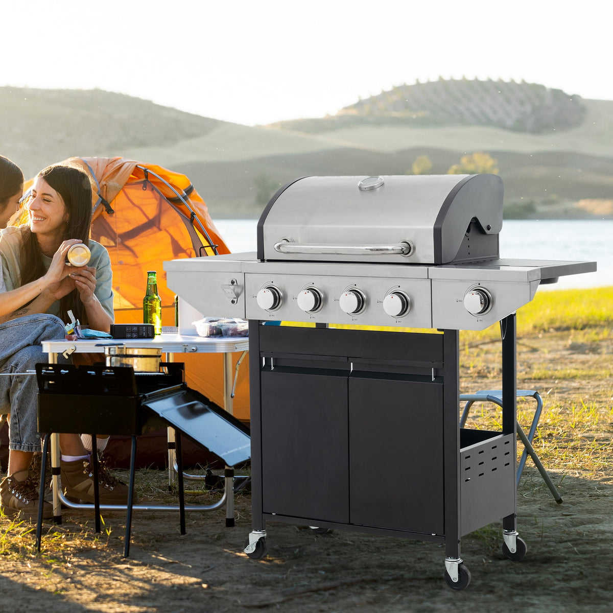 4 Burner Stainless Steel Gas Grill with Side Burner, 46,500 BTU Barbecue Propane Grill for Outdoor Patio Garden Camping, Black&Silver Gas Grills