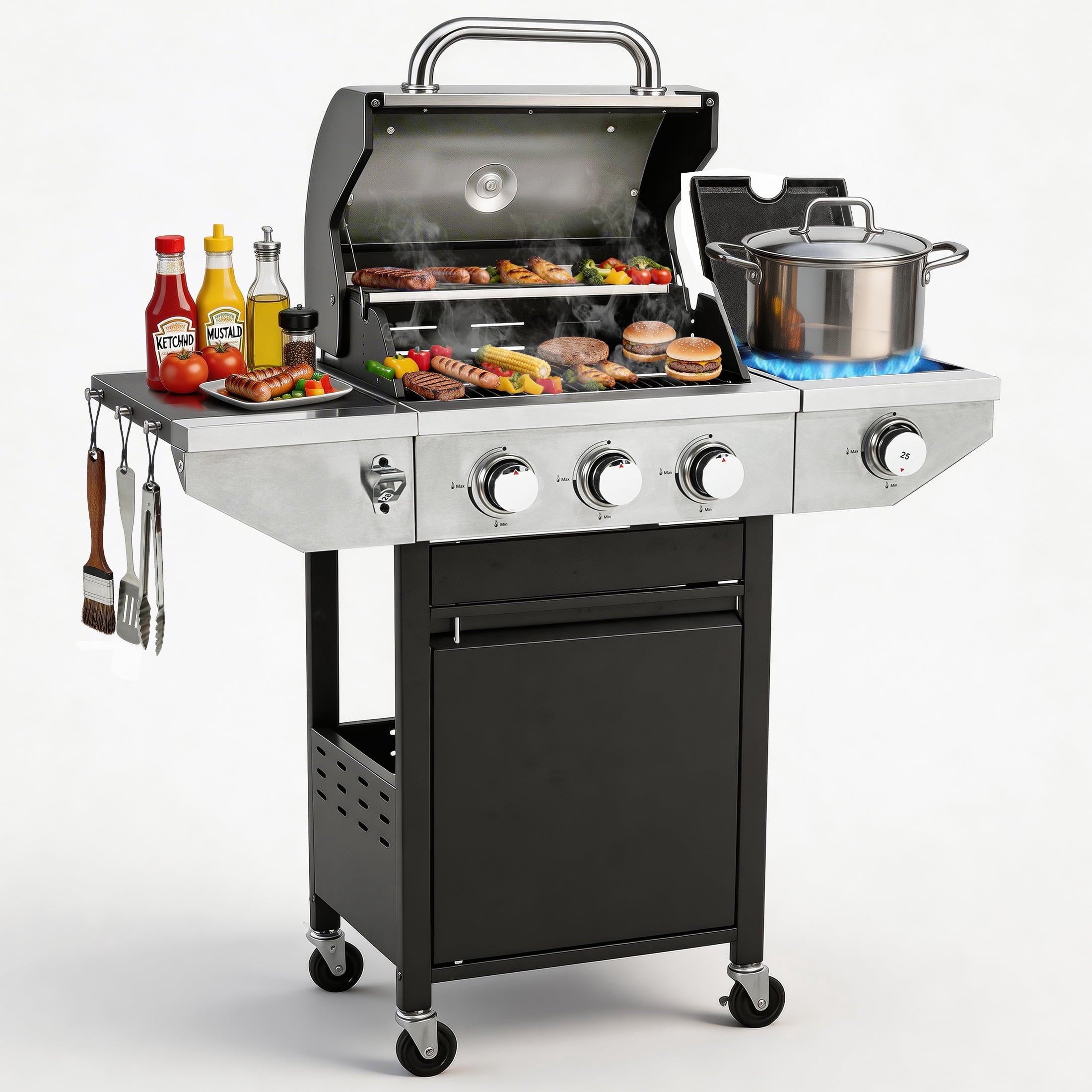 Enyopro 3 Burner Gas Grill , 37000 BTU Stainless Steel Propane Gas Grill with Side Burner, Outdoor BBQ Grill with Side Table and Thermometer, for Outdoor Camping BBQ Gas Grills