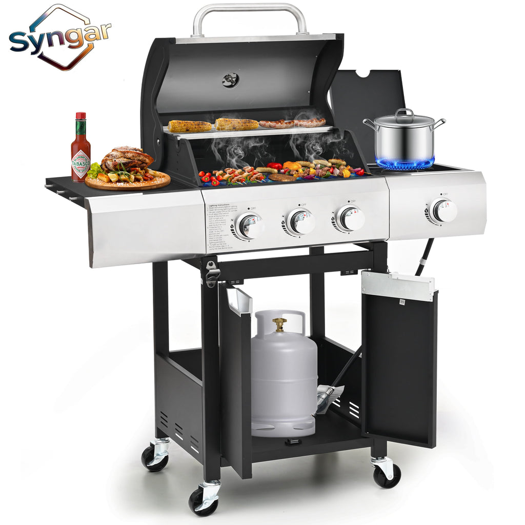 Syngar 3-Burner Propane Gas Grill with Side Burner, 40,500 BTU Outdoor BBQ Grill with 287 sq.in. Main Cooking Area, Stainless Steel Construction, Side Shelf, Ideal for Patio, Backyard, Garden Gas Grills