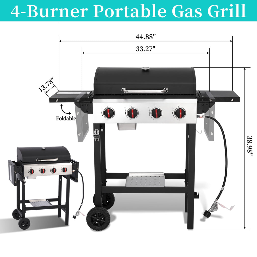 Garden It 4-Burner Propane Gas Grill, 40,000 BTU Portable BBQ with Cast Iron Grates & Griddle Pan, Folding Side Table for Outdoor Camping Backyard Garden It