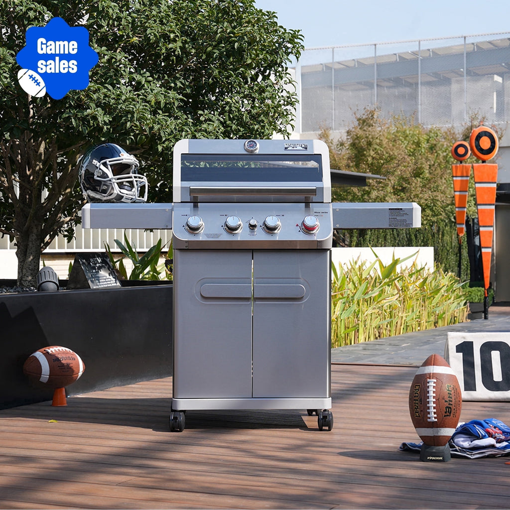 Monument Grills 4 Burner Stainless Propane Gas Grill with Viewing Window, Two Foldable Shelves ,Gas Tank Hook & Bottle , Easy Clean-up, M410MBZ Monument Grills