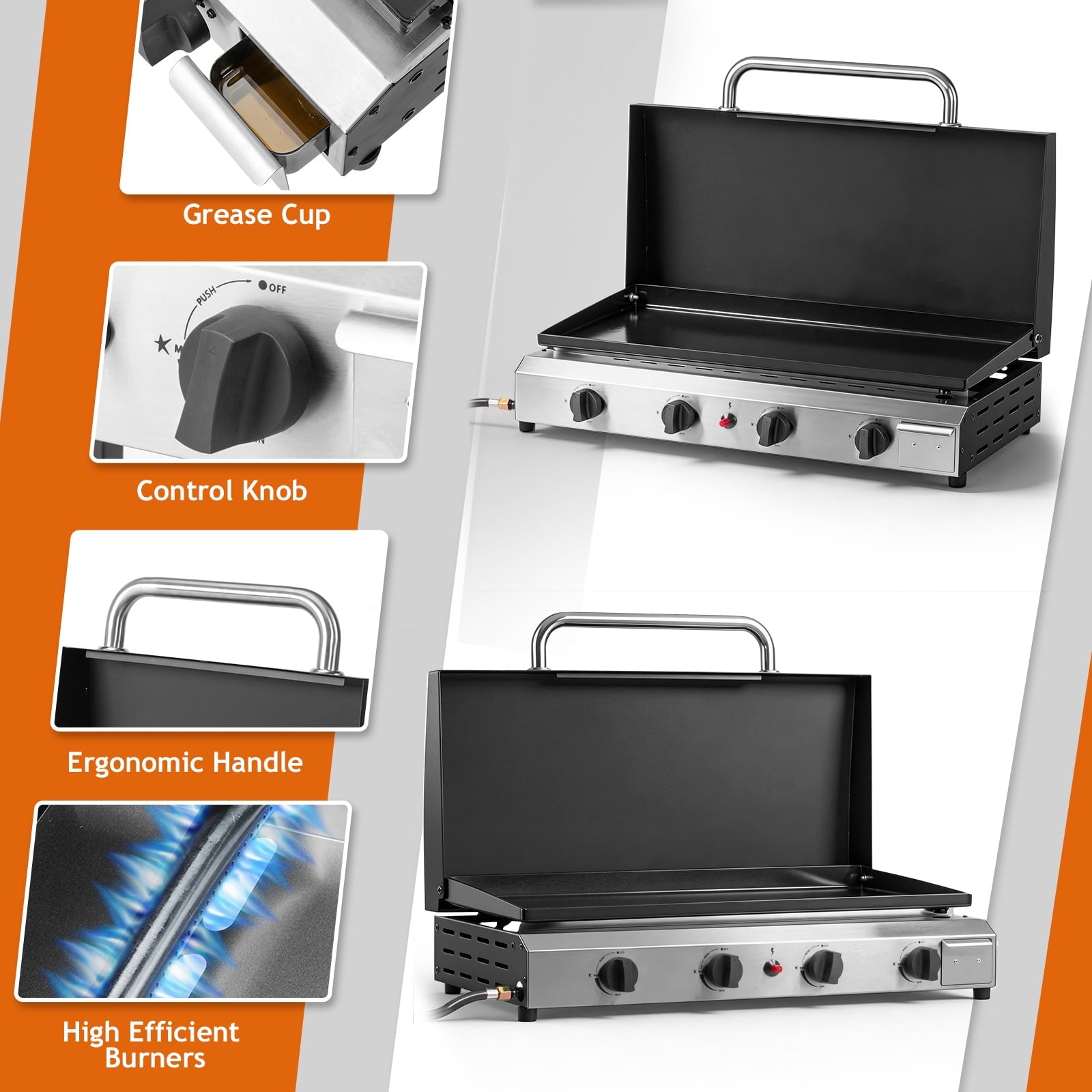 Ktaxon 4 Burner Propane Griddle Flat Top Gas Grill 40000 BTU with Lid,Ceramic Coated Cast Iron Pan,Portable Gas Grills