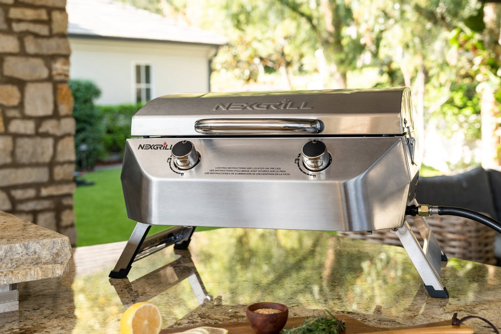 Nexgrill Stainless Steel 2-Burner Portable Gas Grill with Locking Lid, Folding Legs, 20,000 BTUs, 251 SQ In Cooking Space, Tabletop Grill for Camping, Outdoor Cooking, Patios, and More - 820-0007GE Nexgrill