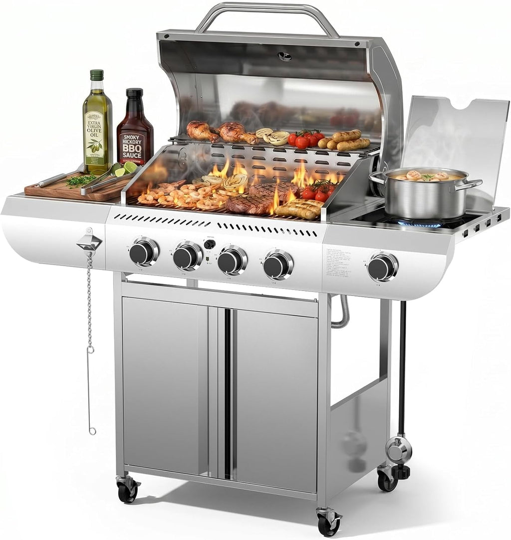42000 BTU 4-Burner Stainless Steel Gas Grill, BBQ Grill with Side Burner & Enameled Cast Iron Grates, Pull-Out Oil Tray for Outdoor Backyard WAA