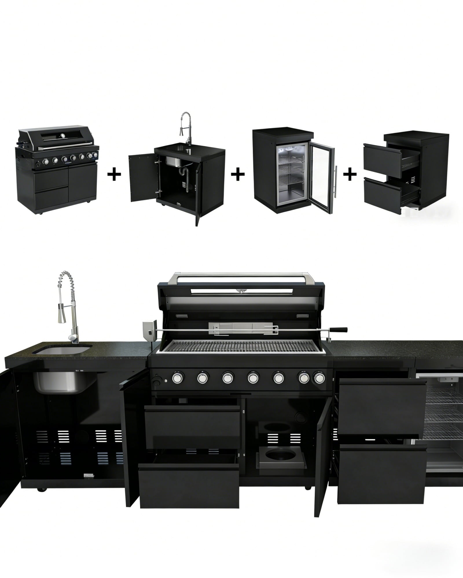 43-Inch 6-Burner 85000 BTU Deluxe Stainless Steel Gas Outdoor Kitchen Bar Barbecue Island Grill + Wine Cooler Compact Refrigerator + Rotisserie kit + Granite Countertops + Stainless steel Sink My Store