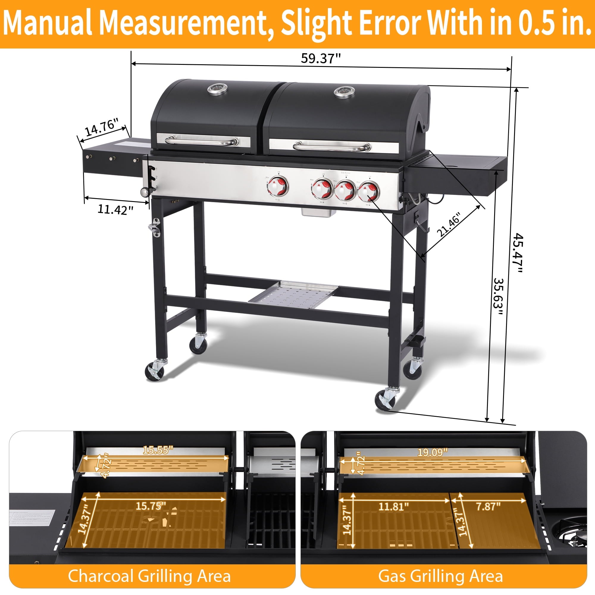 3 Burner Gas & Charcoal Combo Grill with Side Burner, Outdoor BBQ Propane Grill, 673 Sq. In. Cast Iron Grates & Reversible Griddle, 37200 BTU Stainless Steel Lid for Backyard Cooking Nice Cooker