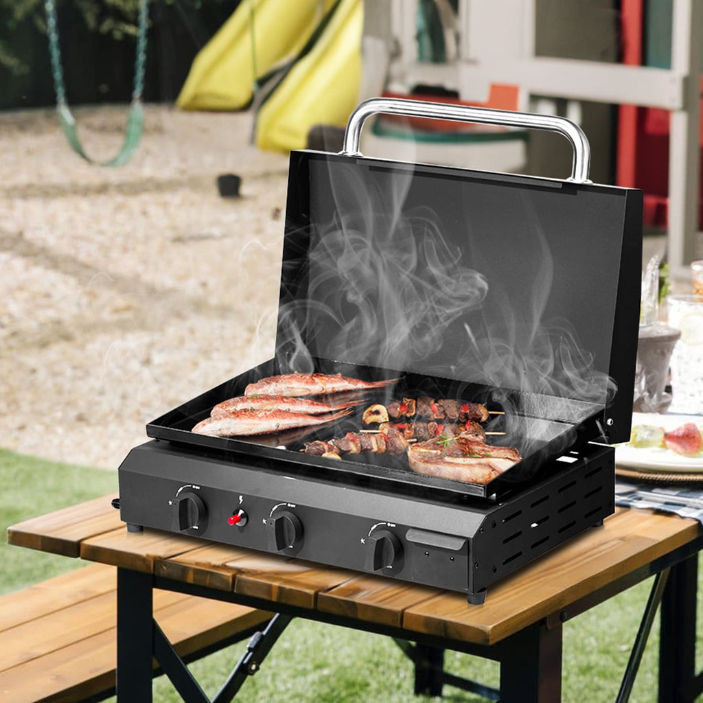 Portable 3-Burner Gas Griddle, 23'' Outdoor Propane Cooking Station, 30,000BTU Flat Top Griddle, Patio Camping BBQ Tabletop Grill with Ceramic Coated Cast Iron Pan Gas Grills