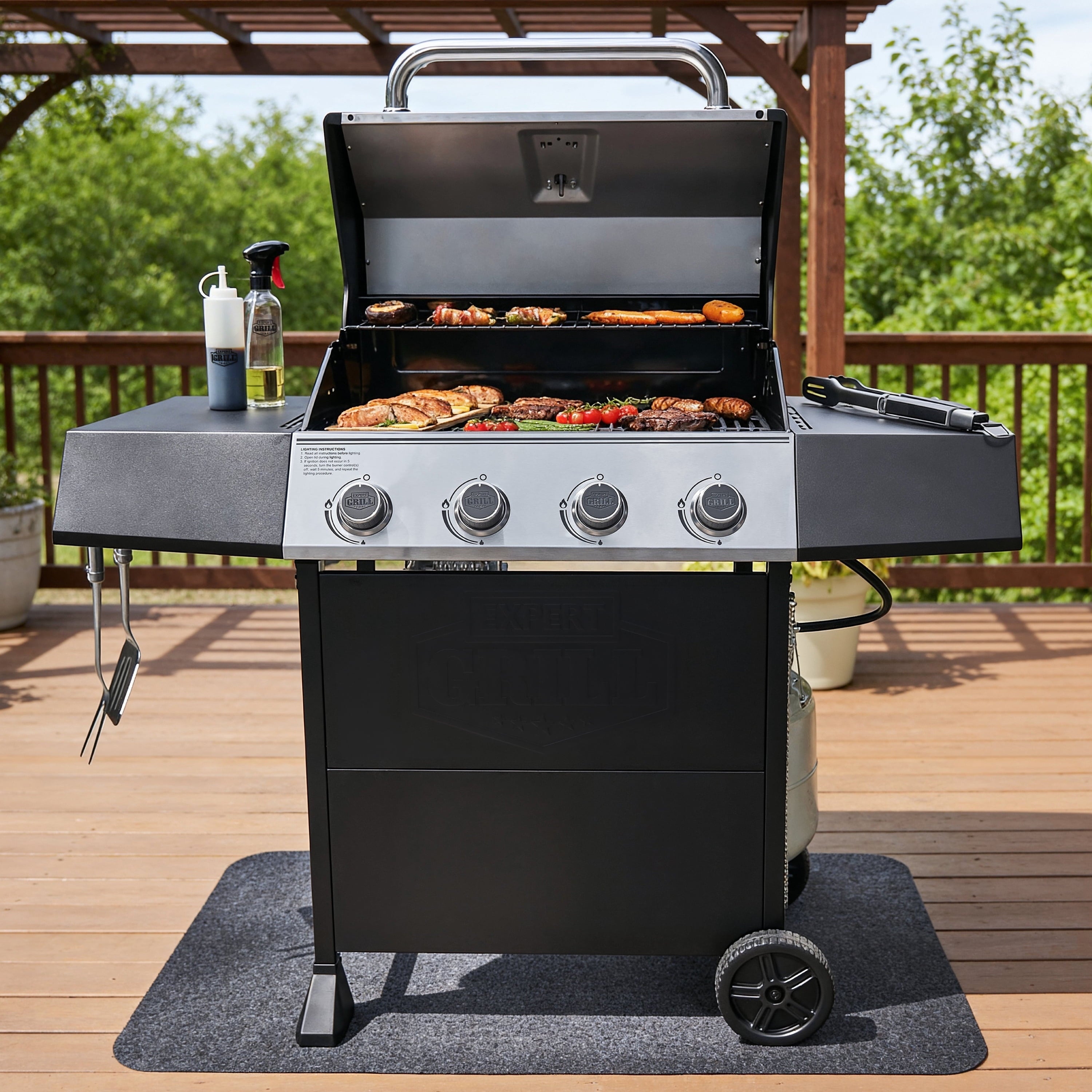 Expert Grill, 4-Burner Propane Gas Grill with Side Table and Wheels, Stainless Steel Gas Grills