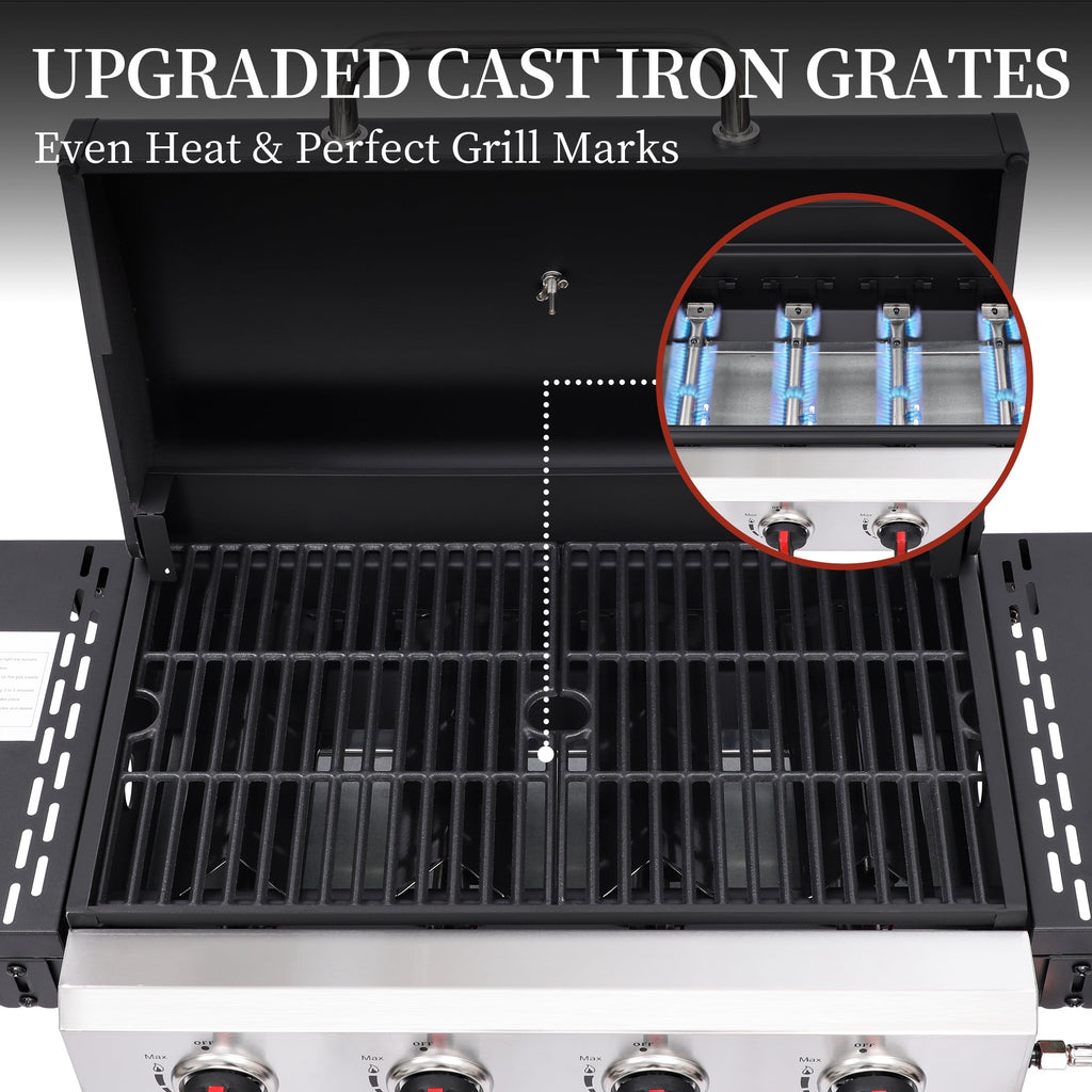 CIG GARDEN 4-Burner Propane Gas Grill with Folding Side Tables, Cast Iron Grates, and Stainless Steel Grill Pan CIG GARDEN