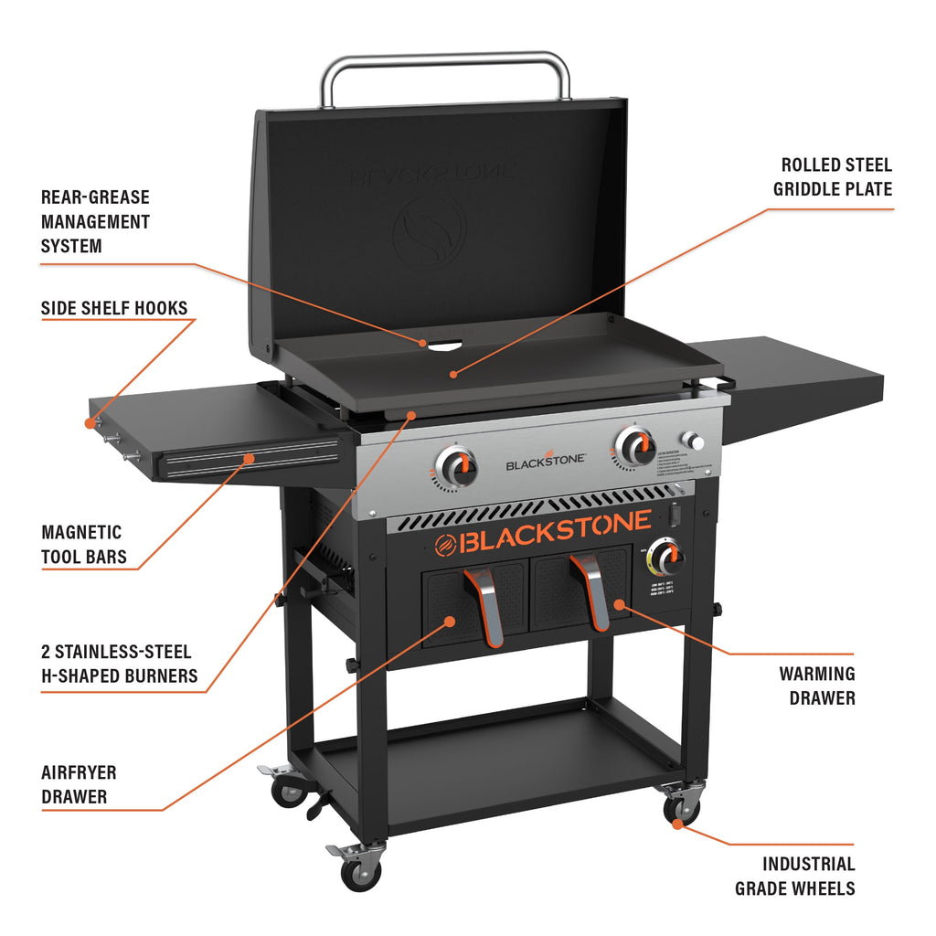 Blackstone Outdoor Combo Griddle, 28 Inch 2-Burner Flat Top Grill with Air Fryer and Hood, Black Gas Grills