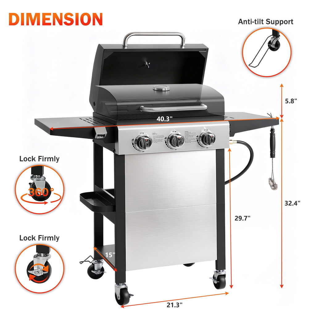 Outdoor BBQ Grill, Powerful 30,000BTU Gas Propane Grill, Stainless Steel Grill with Storage Shelves, Portable Grill for RV Party Camping Patio Gas Grills