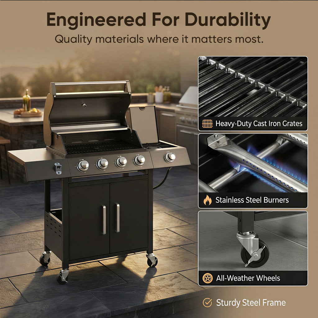 TABU 4-Burner Propane Gas Grill with Side Burner, 58,000 BTU Propane BBQ Grill with Storage Cabinet, Ideal for Outdoor Cooking TABU