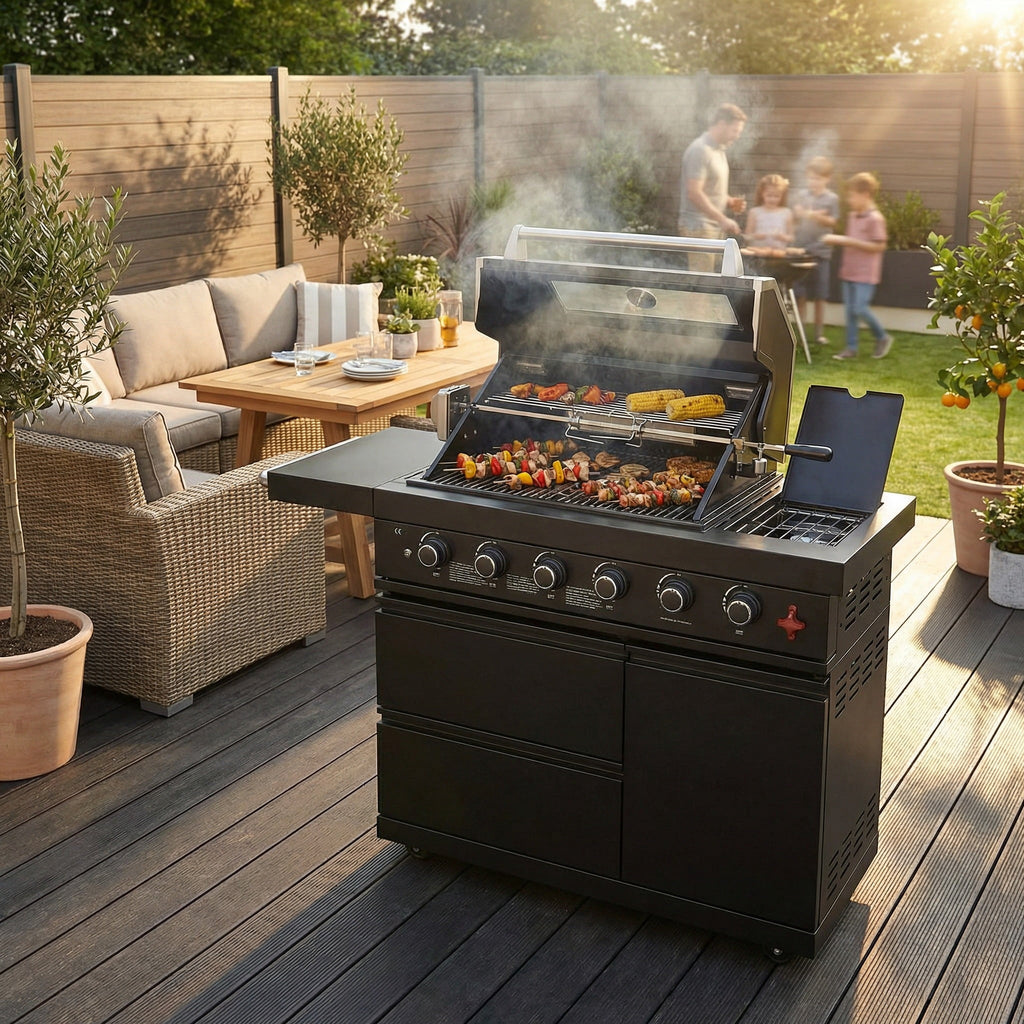 46-Inch Outdoor Kitchen Island Grill, 6-Burner 75,300 BTU Stainless Steel BBQ with Rotisserie Kit, Granite Countertops, Storage Cabinets & Wheels, Propane/Natural Gas Convertible, Black Chery Industrial
