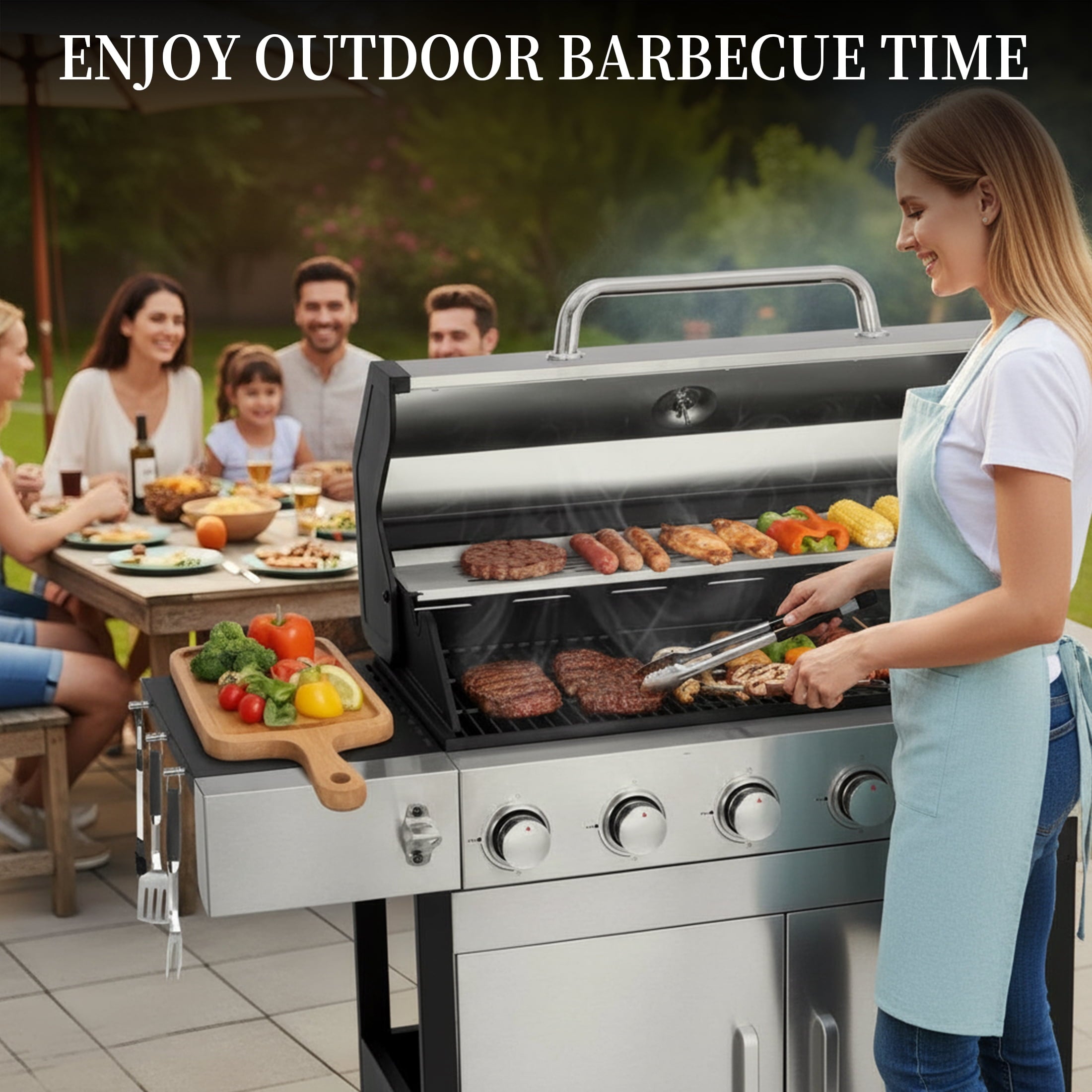 CIG GARDEN 6-Burner Propane Gas Grill with Side Burner,73000 BTU Output Double-Layer Stainless Steel BBQ Grill Lid with Cast Iron Grates CIG GARDEN