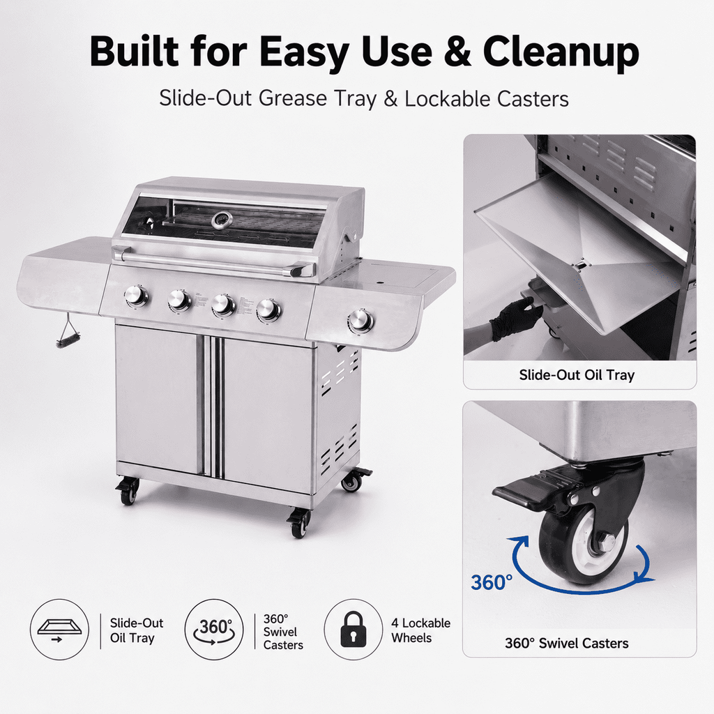 50000BTU Ultra Gas Grill, Syngar Propane Grills with 474 sq.in Cooking Area, 5-Burner Stainless Steel BBQ Grill with Side Burner and Thermometer for Outdoor Party, Camping Gas Grills