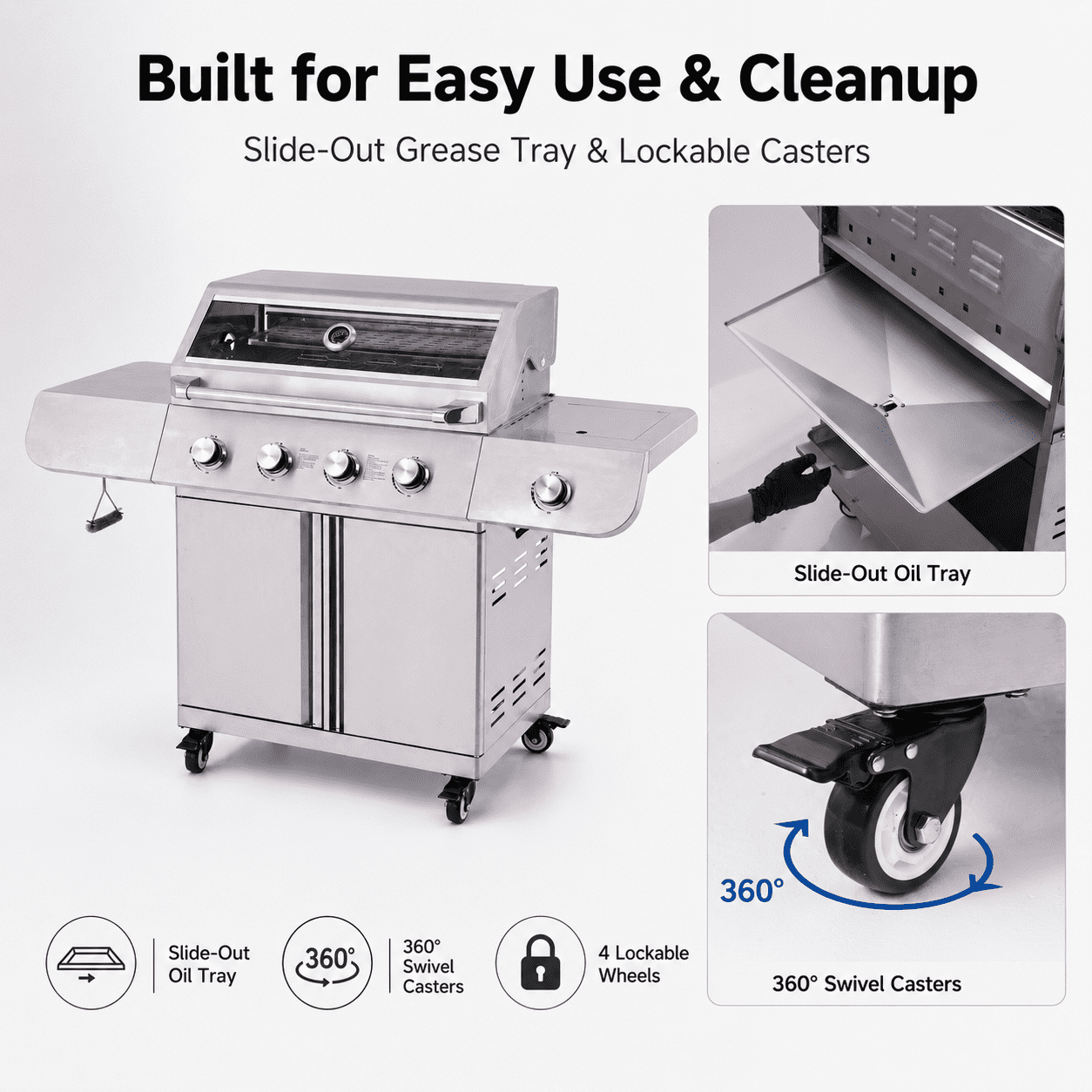 50000BTU Ultra Gas Grill, Syngar Propane Grills with 474 sq.in Cooking Area, 5-Burner Stainless Steel BBQ Grill with Side Burner and Thermometer for Outdoor Party, Camping Gas Grills