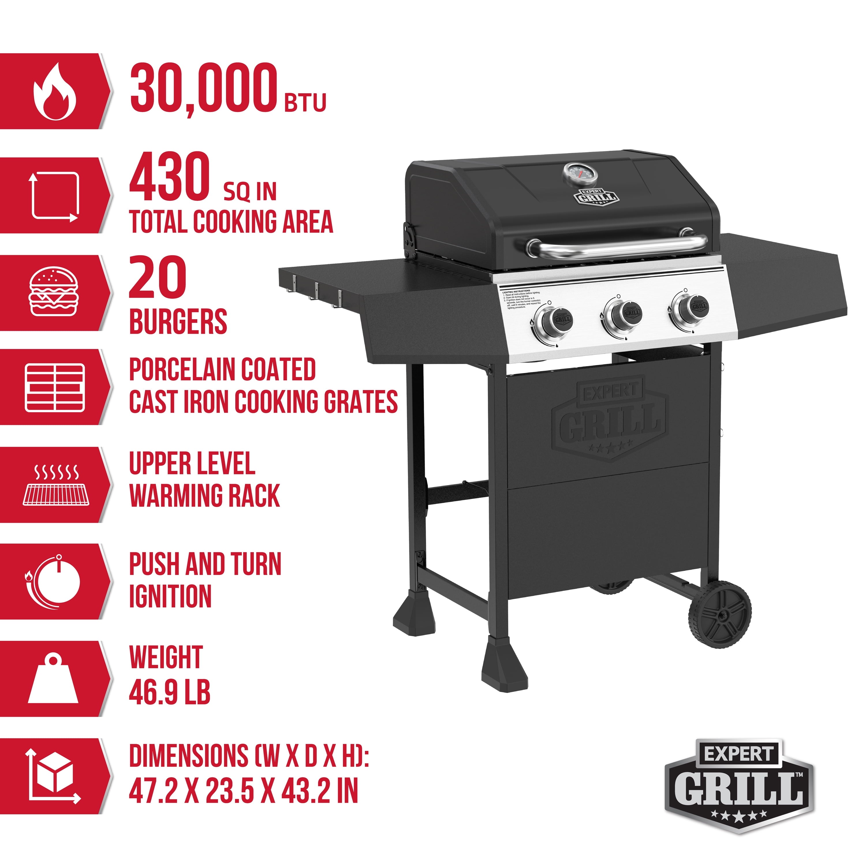 Expert Grill, 3-Burner Propane Gas Grill with Side Table and Wheels, Black Expert Grill