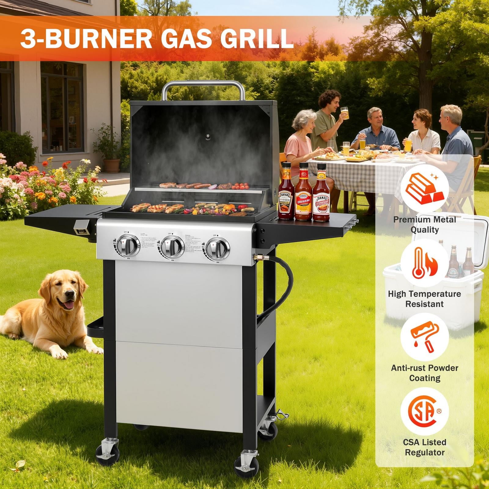 Outdoor BBQ Grill, Powerful 30,000BTU Gas Propane Grill, Stainless Steel Grill with Storage Shelves, Portable Grill for RV Party Camping Patio Gas Grills