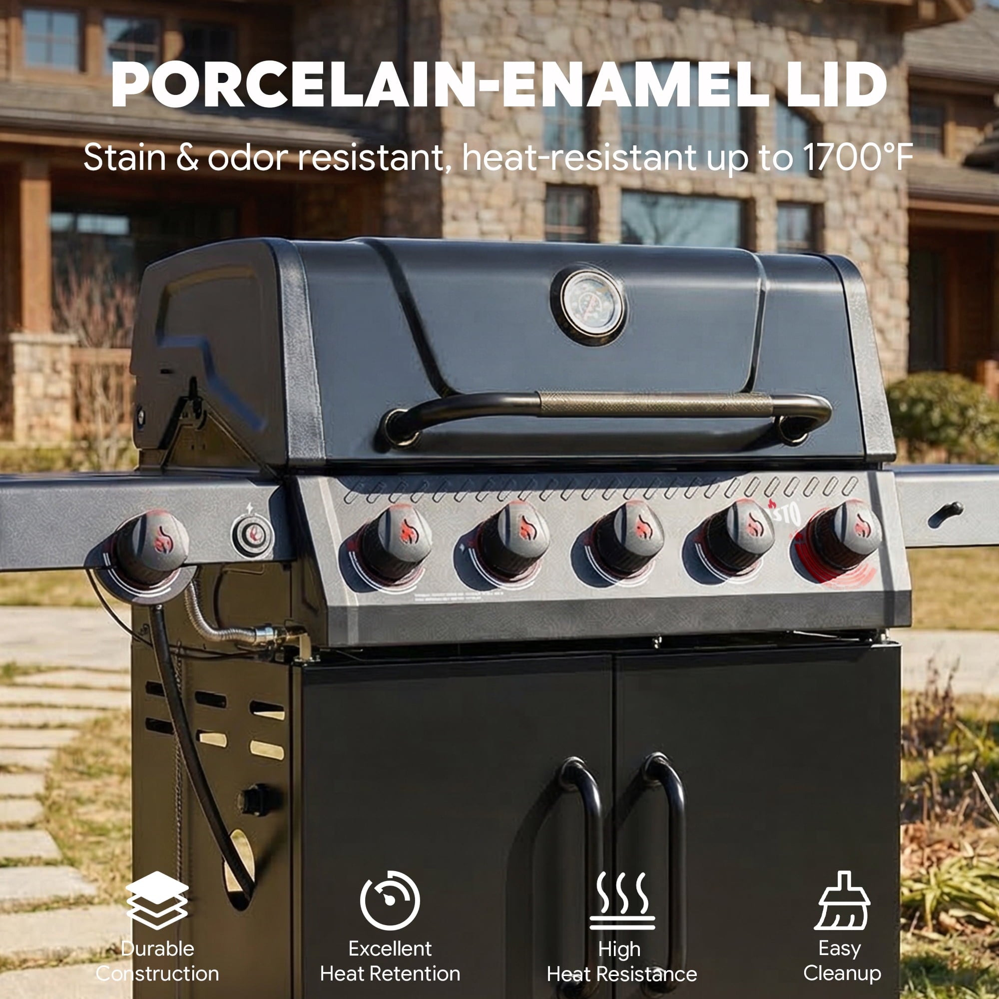 Feasto 5-Burner Propane Gas Grill, Double Deck Lid, Side Sear Burner, 58000 BTU, 686 Sq.In. Cabinet Storage Gas Grills