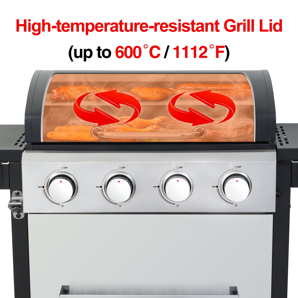 4-Burner Propane Gas Grill – 40,000 BTU Stainless Steel BBQ Grill with Porcelain-Enameled Cooking Grates, Pull-Out Grease Tray & Foldable Side Shelves, Even Heat Distribution Born Free