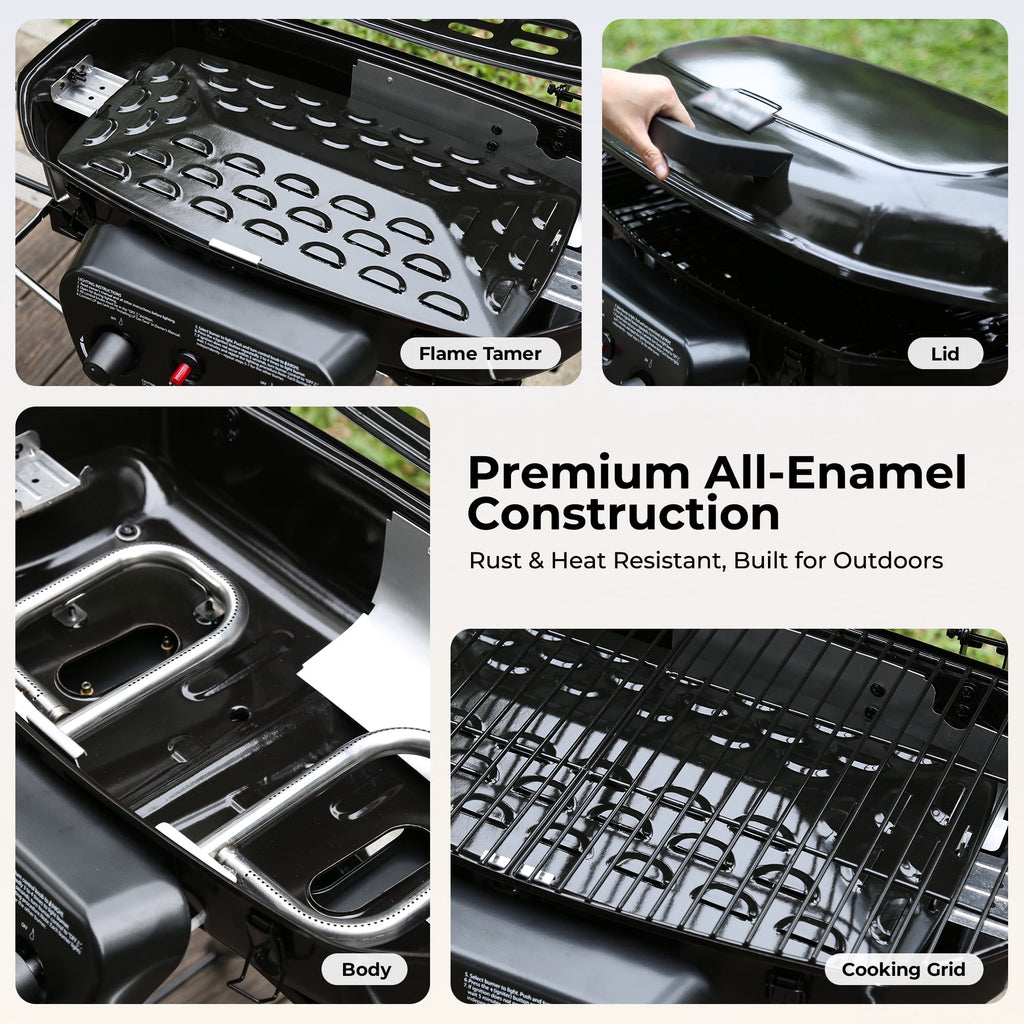 2 Burner Propane Gas Grill with Dual Cooking Surfaces, Porcelain Grate & Extra Griddle, Push-Button Ignition, Foldable Portable BBQ with Wheels for Backyard Patio Camping Gas Grills
