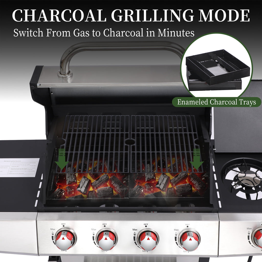 4 Burner Propane Gas Grill Combo w/Side Burner, 3-in-1 BBQ Grill with Charcoal Smoker & Griddle Plate, 46,750 BTU, 448 Sq.In. Stainless Steel Outdoor Cooking Station Nice Cooker