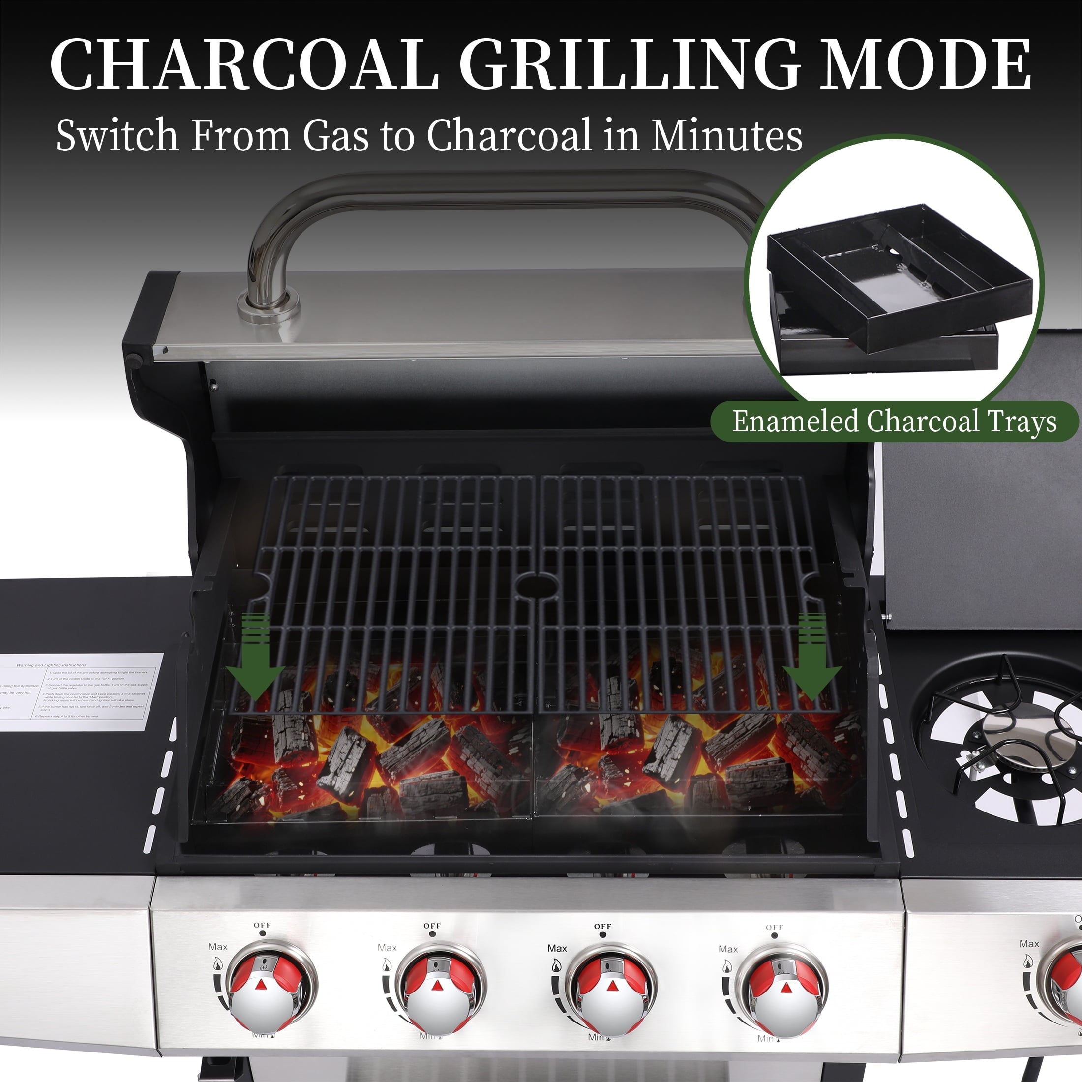 4 Burner Propane Gas Grill Combo w/Side Burner, 3-in-1 BBQ Grill with Charcoal Smoker & Griddle Plate, 46,750 BTU, 448 Sq.In. Stainless Steel Outdoor Cooking Station Nice Cooker