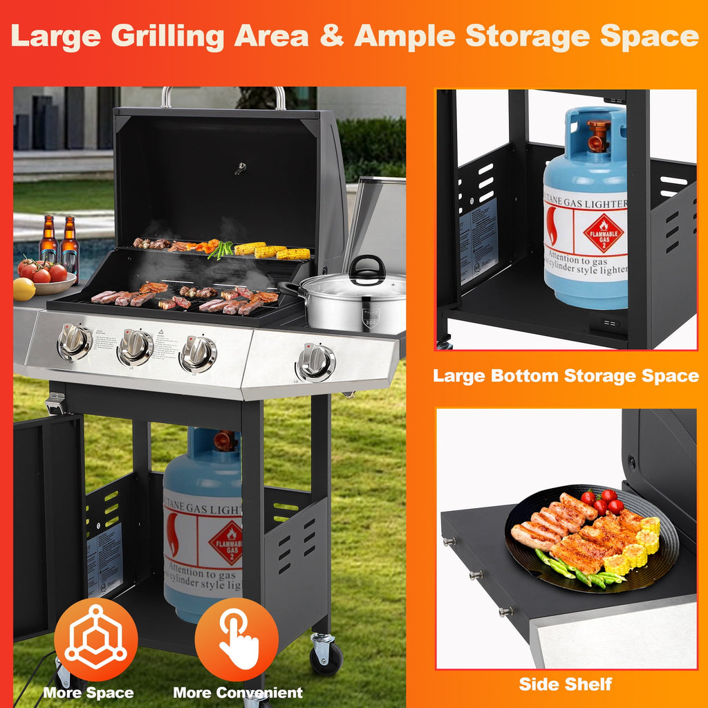 3-Burner Propane Gas Grill with Side Burner, Gas BBQ Grill with Thermometer, Bottle Opener, and Tool Hooks, 40000 BTU Output, Fit for Patio Camping Outdoor Cooking Segmart