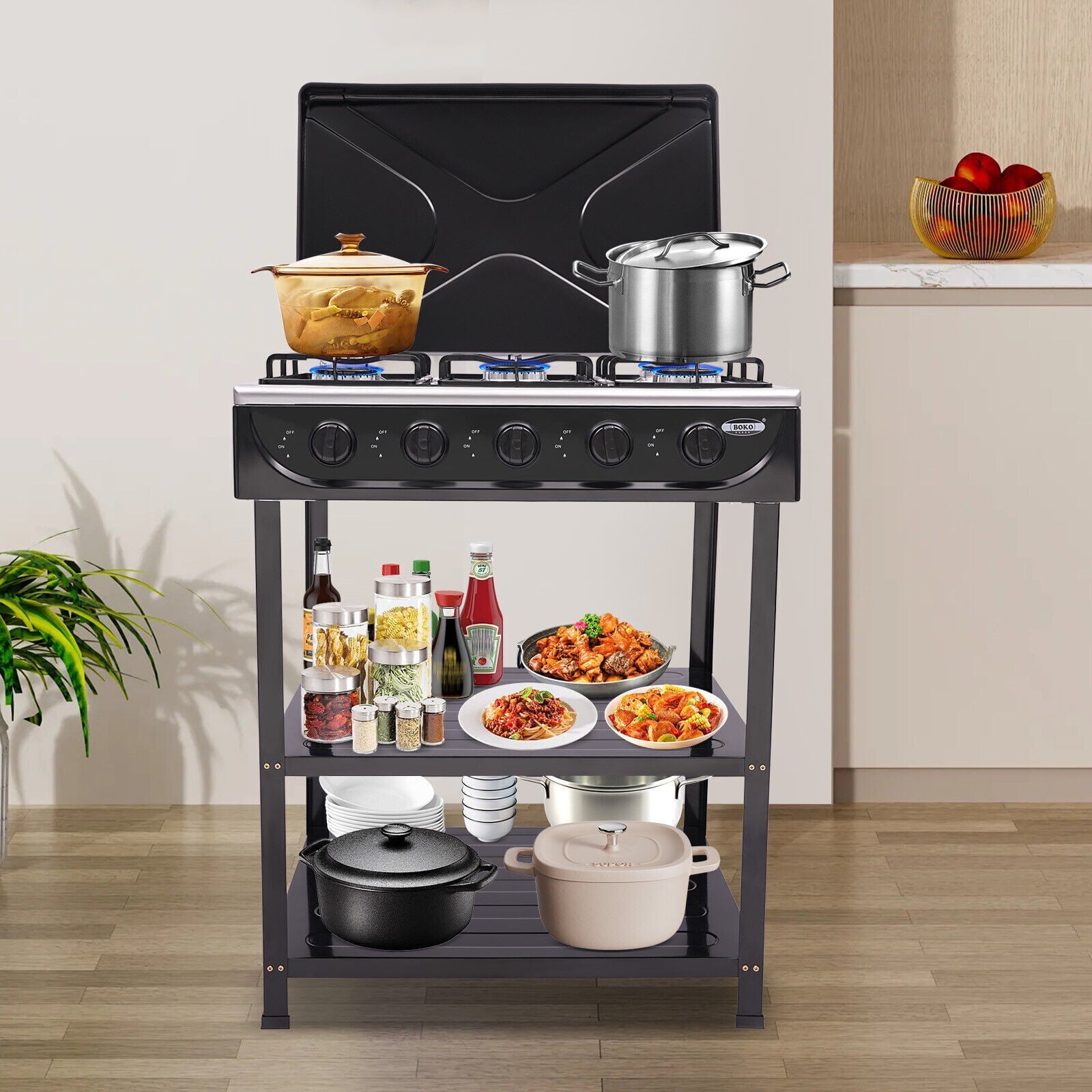 5-Burner Gas Stove Outdoor Camping Cooking BBQ Grill with 2-Tier Storage Rack Unbranded