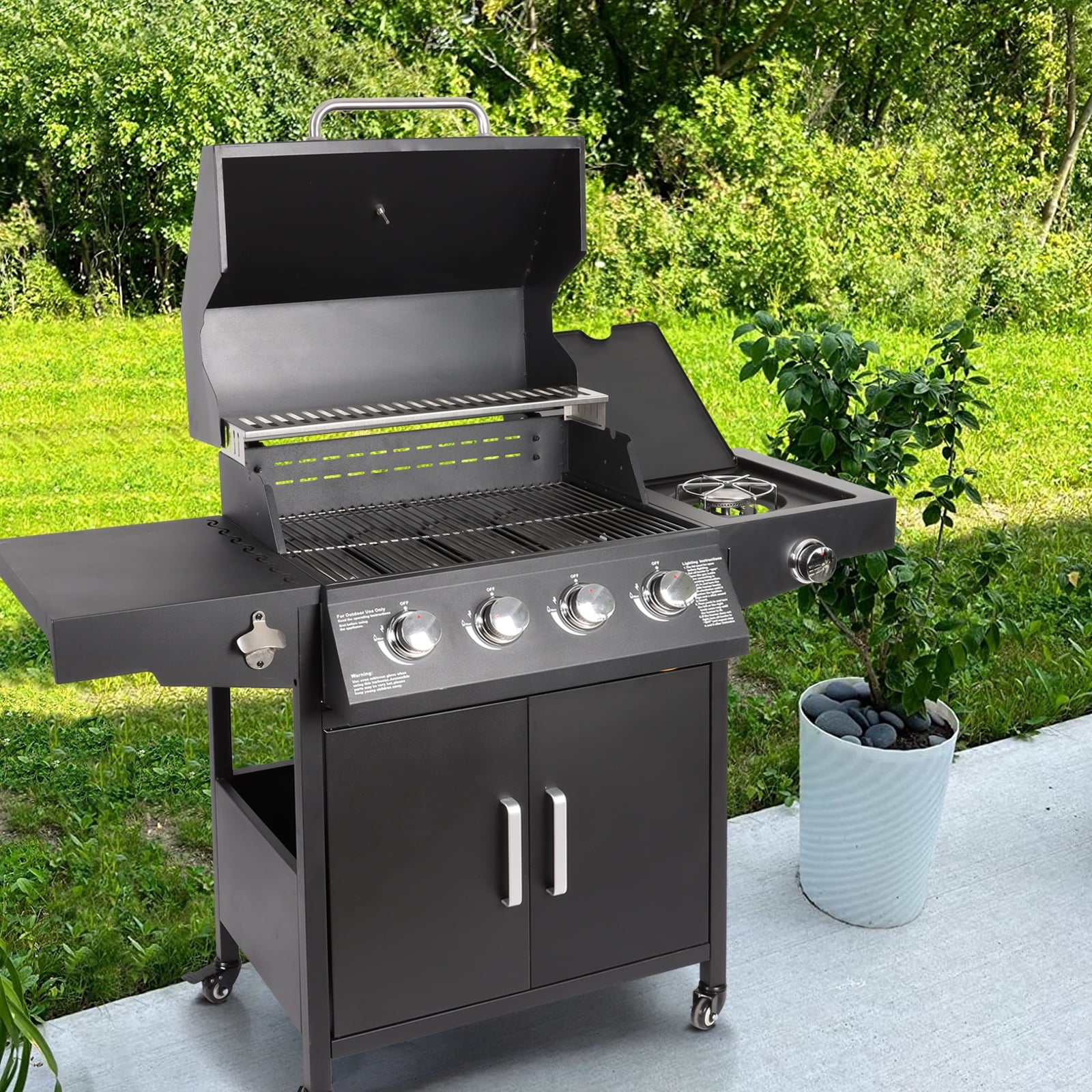 Polar Aurora Propane Gas Grill 4-Burners a Side Burner, Side Table, Steel Grill Cart for Garden Outdoor Cooking Picnic Polar Aurora