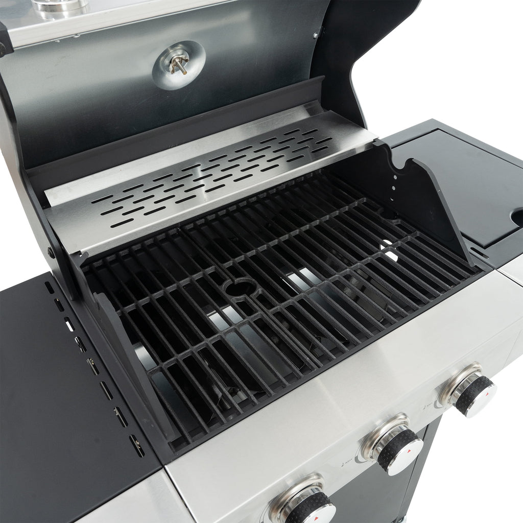 Propane Grill 3 Burner Stainless Steel BBQ Gas Grill with Side Burner, Thermometer, and Even Heating Cast Iron Grates for Outdoor BBQ and Camping wildskeeper