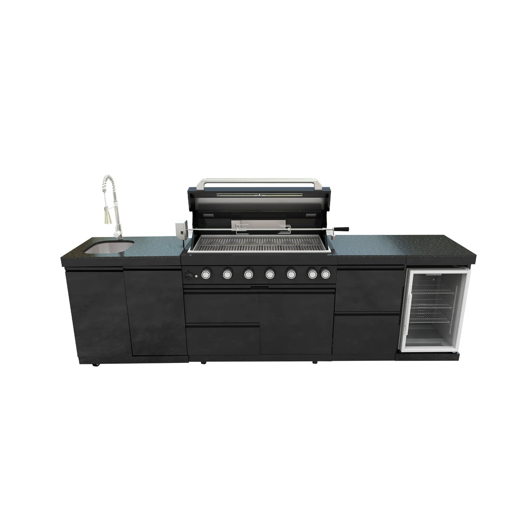43-Inch 6-Burner 85000 BTU Deluxe Stainless Steel Gas Outdoor Kitchen Bar Barbecue Island Grill + Wine Cooler Compact Refrigerator + Rotisserie kit + Granite Countertops + Stainless steel Sink My Store
