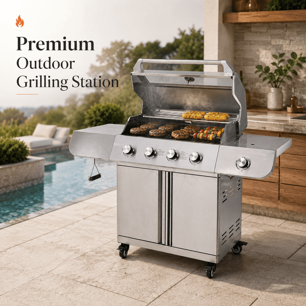 50000BTU Ultra Gas Grill, Syngar Propane Grills with 474 sq.in Cooking Area, 5-Burner Stainless Steel BBQ Grill with Side Burner and Thermometer for Outdoor Party, Camping Gas Grills