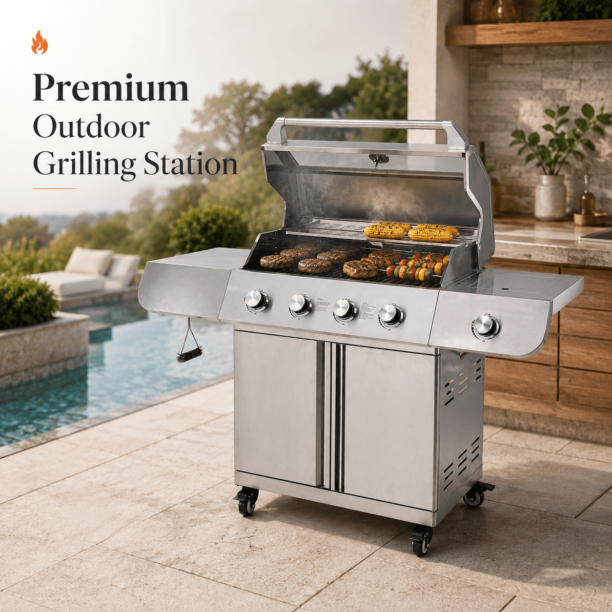50000BTU Ultra Gas Grill, Syngar Propane Grills with 474 sq.in Cooking Area, 5-Burner Stainless Steel BBQ Grill with Side Burner and Thermometer for Outdoor Party, Camping Gas Grills