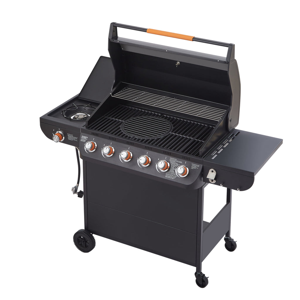 Noble House Professional 6-Burner Propane Gas Grill with Side Burner, Steel BBQ Grill with Cast Metal Grates, Black Noble House