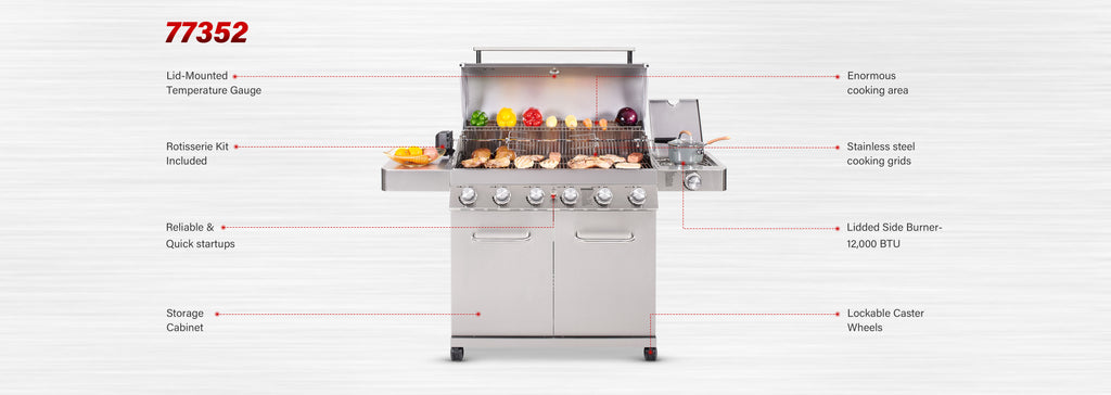 Monument Grills 6-Burner Propane Gas Stainless Grill with LED Controls, Side Burner, Rotisserie Kit, and Grill Cover Monument Grills