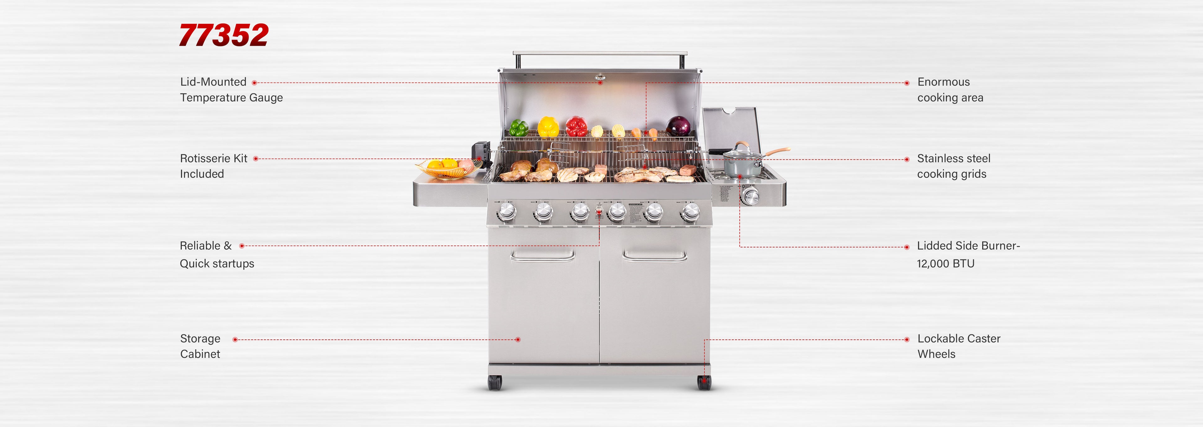 Monument Grills 6-Burner Propane Gas Stainless Grill with LED Controls, Side Burner, Rotisserie Kit, and Grill Cover Monument Grills