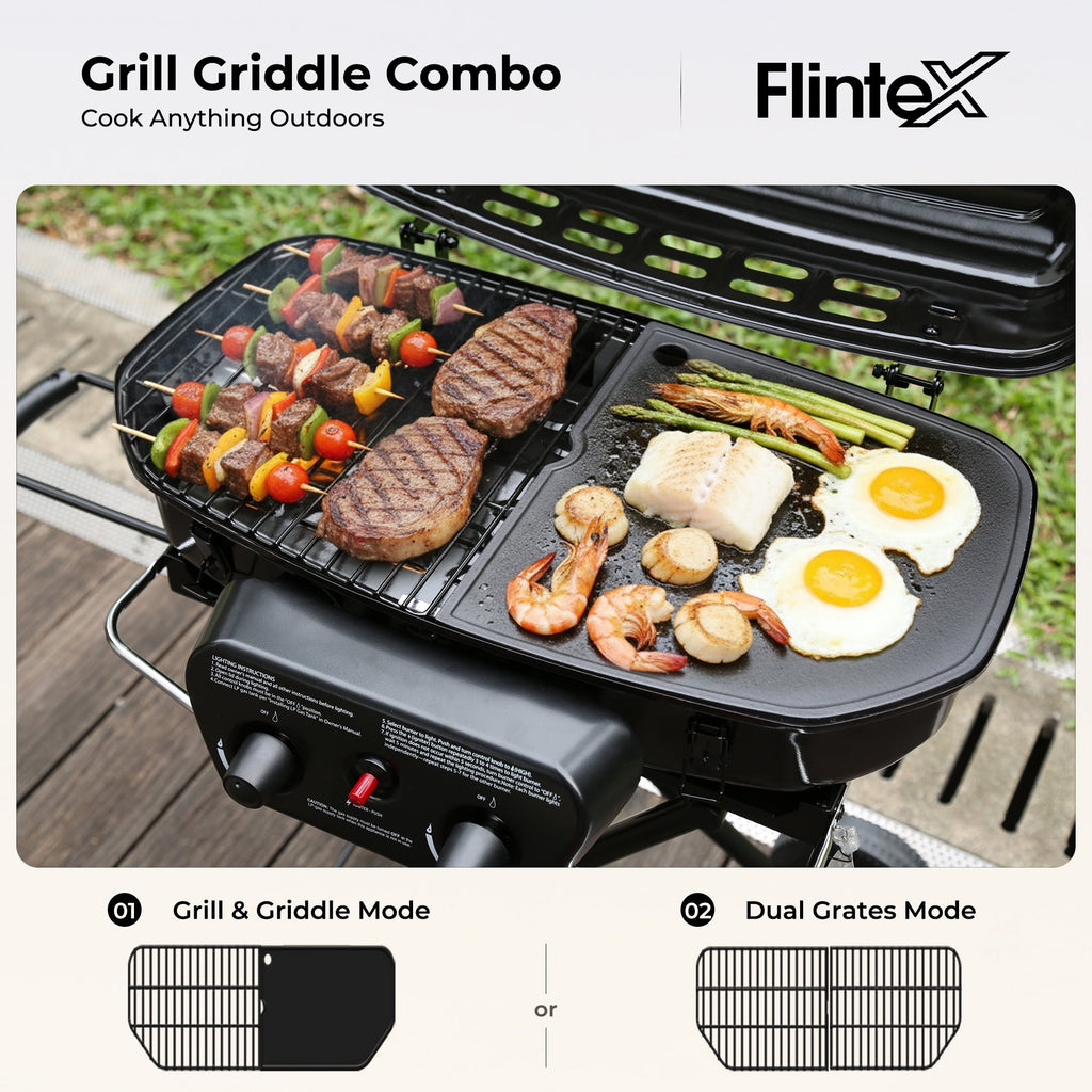 2 Burner Propane Gas Grill with Dual Cooking Surfaces, Porcelain Grate & Extra Griddle, Push-Button Ignition, Foldable Portable BBQ with Wheels for Backyard Patio Camping Gas Grills