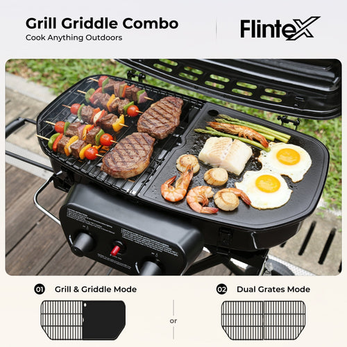 2 Burner Propane Gas Grill with Dual Cooking Surfaces, Porcelain Grate & Extra Griddle, Push-Button Ignition, Foldable Portable BBQ with Wheels for Backyard Patio Camping Gas Grills