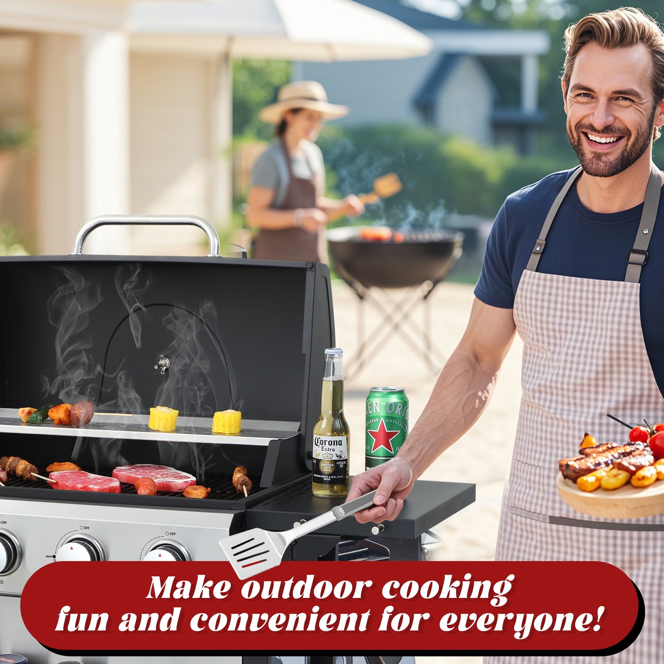 4-Burner Propane Gas Grill - 34,200 BTU BBQ Grill, Stainless Steel Control Panel, Easy Ignition, Temperature Gauge, 2 Enameled Cooking Grids for Backyard BBQ Gas Grills