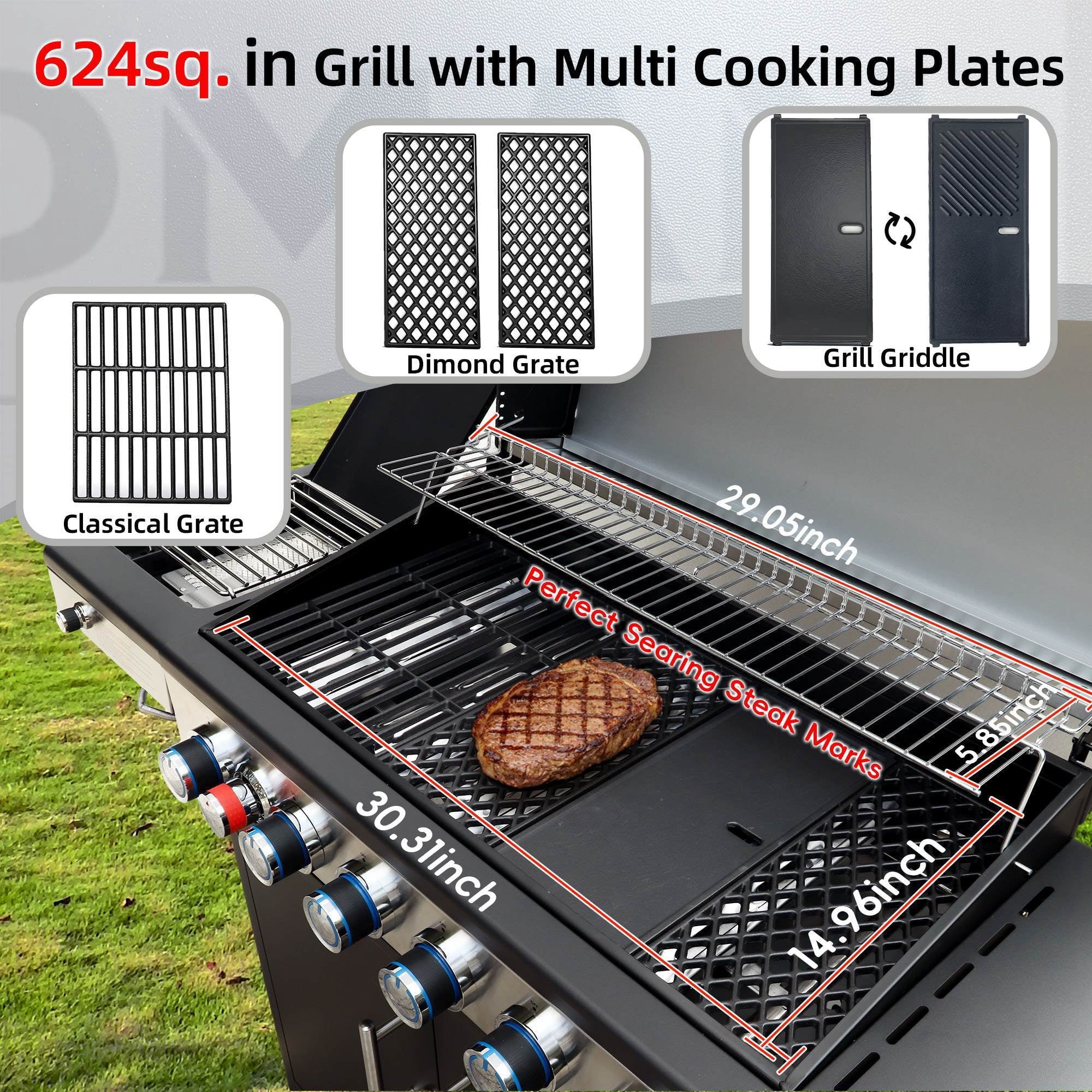 Brand-Man Grills 6-Burner Propane Gas Grill with Infrared Side Burner, Porcelain-Enameled Cast Iron Grate & Griddle, Outdoor Backyard BBQ Grill Gas Grills