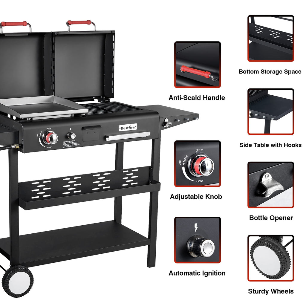 Bestfire Double Fuel Propane Gas Charcoal Grill Combo Black Dual Lids, 2 Side Shelves for Outdoor and Backyard Cooking Gas Grills