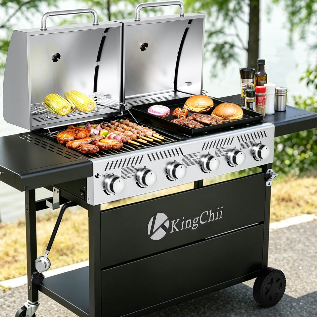 KingChii Propane Gas Grill and Griddle Combo, 2 in 1 Dual Outdoor BBQ with 45,000 BTU for Outdoor Patio Cooking Barbecue Gas Grills