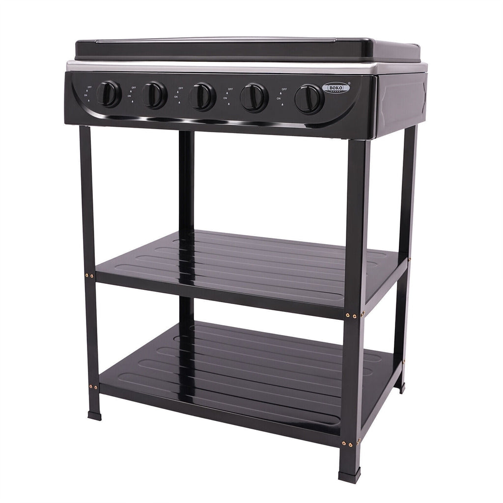 5-Burner Gas Stove Outdoor Camping Cooking BBQ Grill with 2-Tier Storage Rack Unbranded