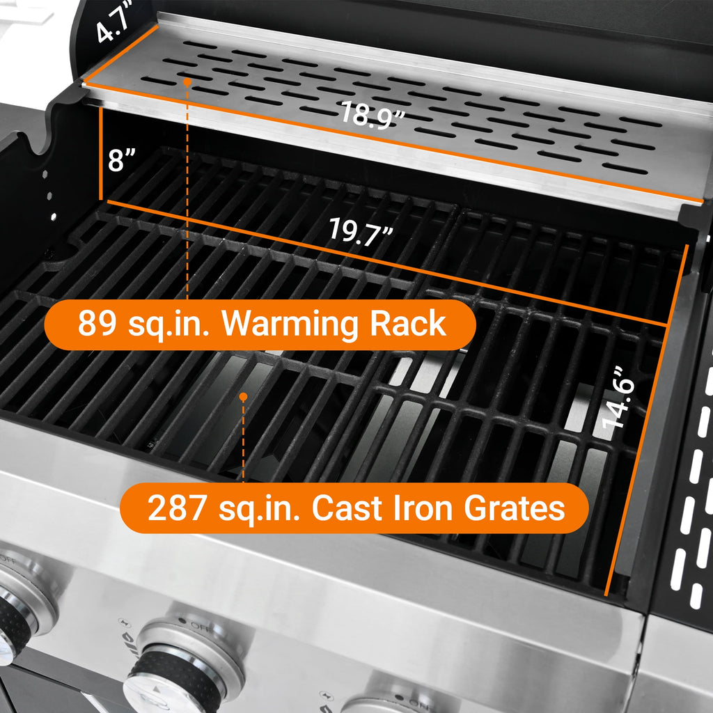 Syngar 3-Burner Propane Gas Grill with Side Burner, 40,500 BTU Outdoor BBQ Grill with 287 sq.in. Main Cooking Area, Stainless Steel Construction, Side Shelf, Ideal for Patio, Backyard, Garden Gas Grills