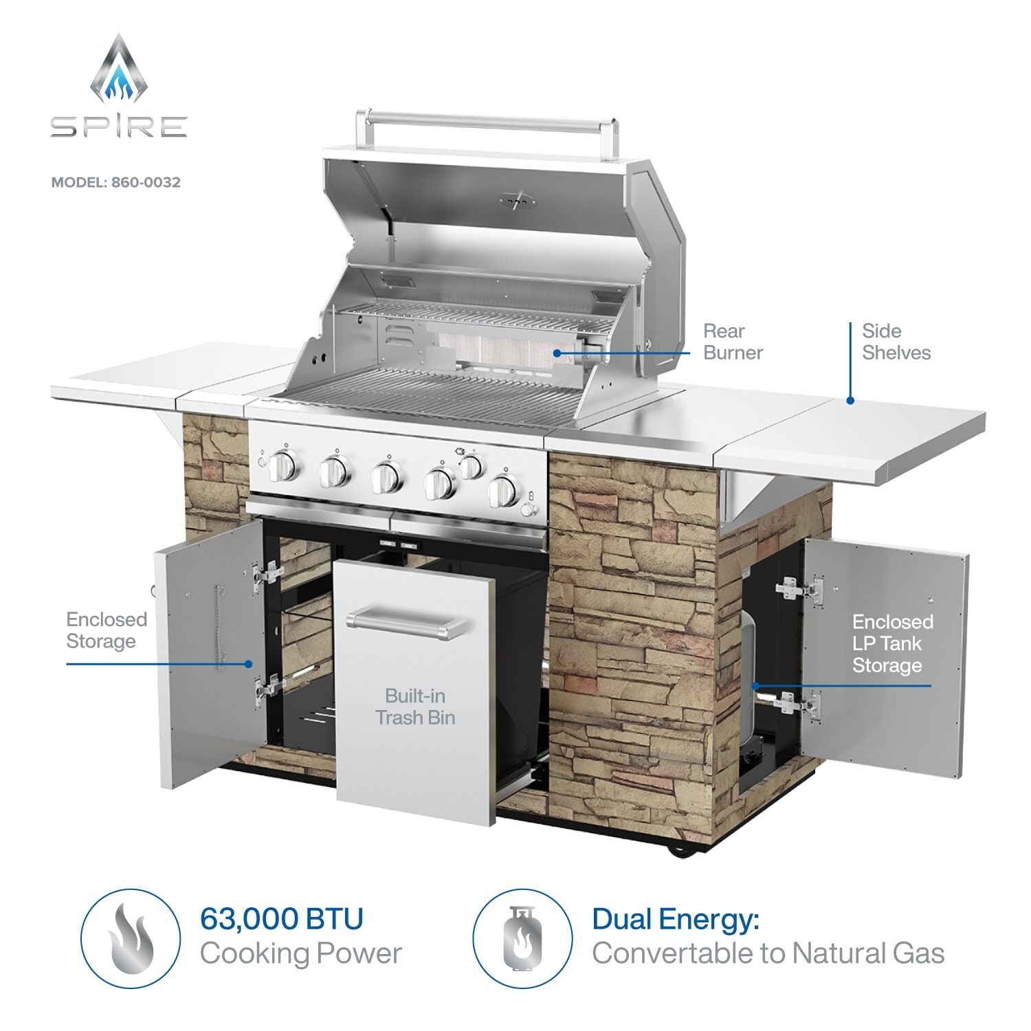 Spire 5-Burner Built-in Propane Gas Stone Island Grill w/Rear Burner, 63,000BTUs, 758 sq.in. Cooking Area, Convertible to Natural Gas, 2 Fixed Shelves, Pullout Trash Bin, 2 Halogen Light, 860-0032 Gas Grills