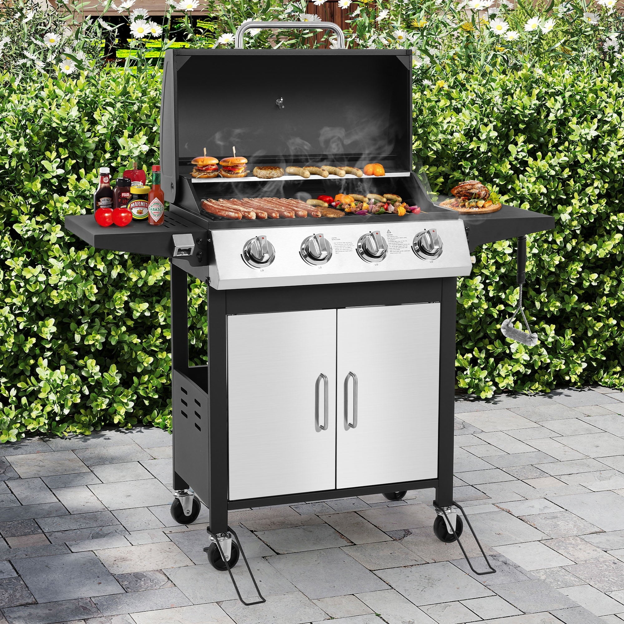 4-Burner Gas Grill with 4 Universal Wheels & Bottle Opener, 40000BTU Outdoor Grill with Side Table for Camping, Black & Sliver Gas Grills