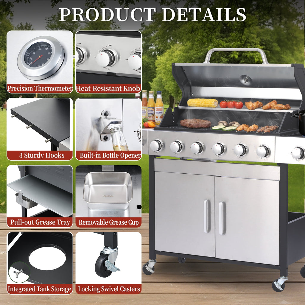 CIG GARDEN 6-Burner Propane Gas Grill with Side Burner,73000 BTU Output Double-Layer Stainless Steel BBQ Grill Lid with Cast Iron Grates CIG GARDEN