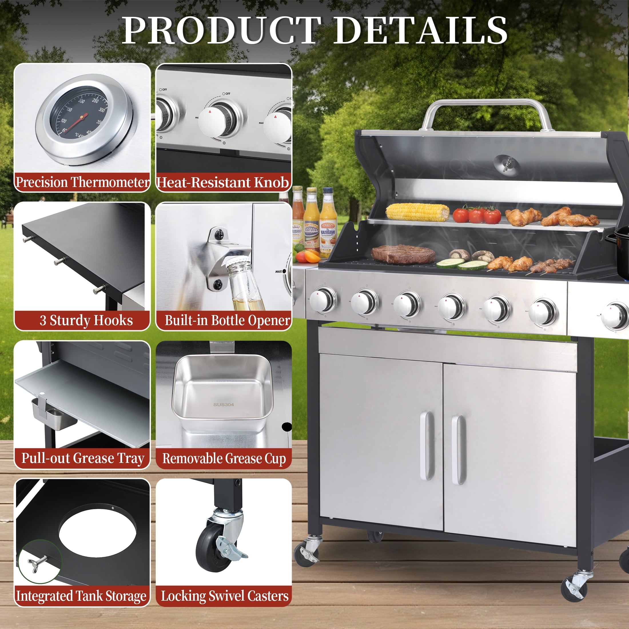 CIG GARDEN 6-Burner Propane Gas Grill with Side Burner,73000 BTU Output Double-Layer Stainless Steel BBQ Grill Lid with Cast Iron Grates CIG GARDEN